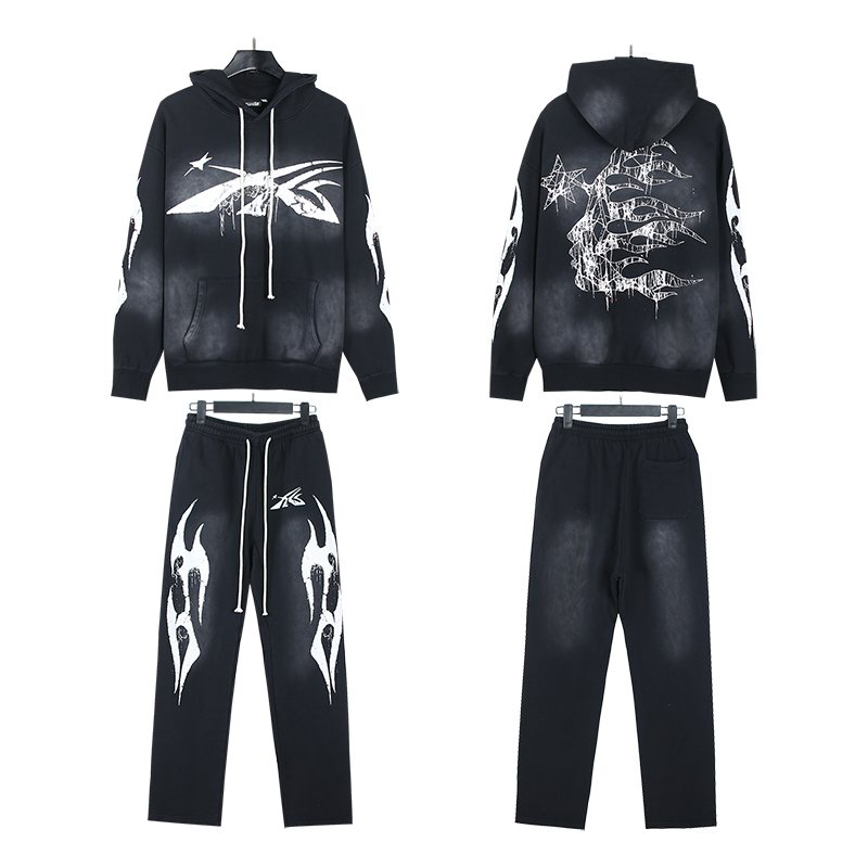 HS White Vector Graphic Black Hoodie & Pants Set ¡ª front