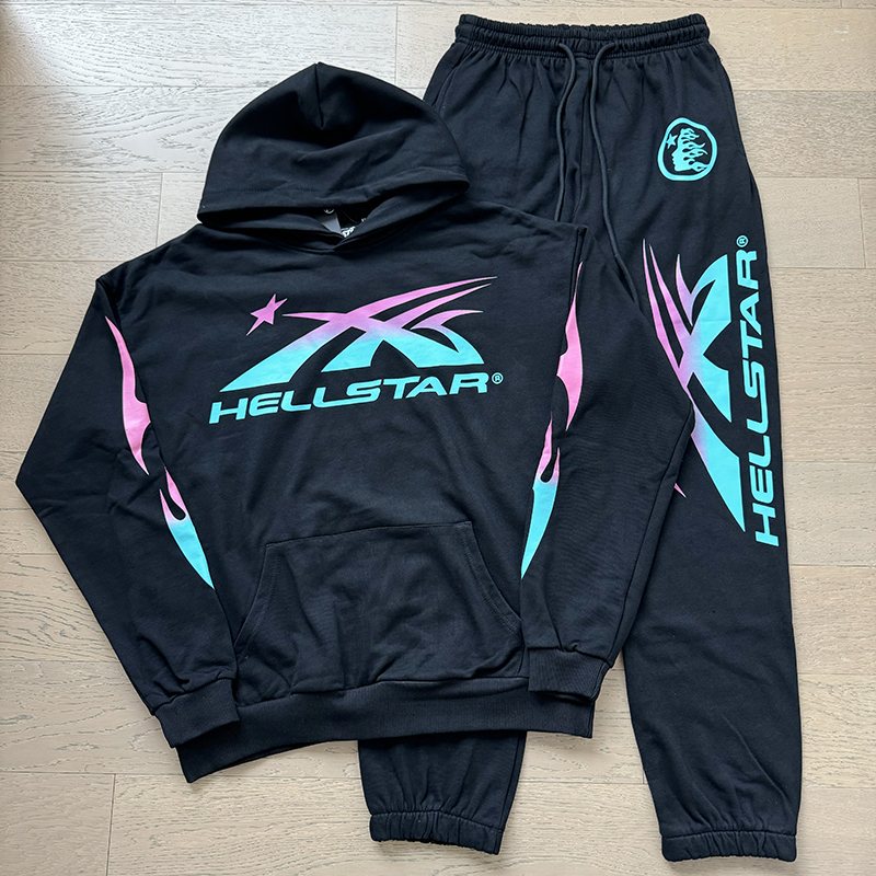 HS Black Teal Pink Star Graphic Hoodie & Jogger Set ¡ª front