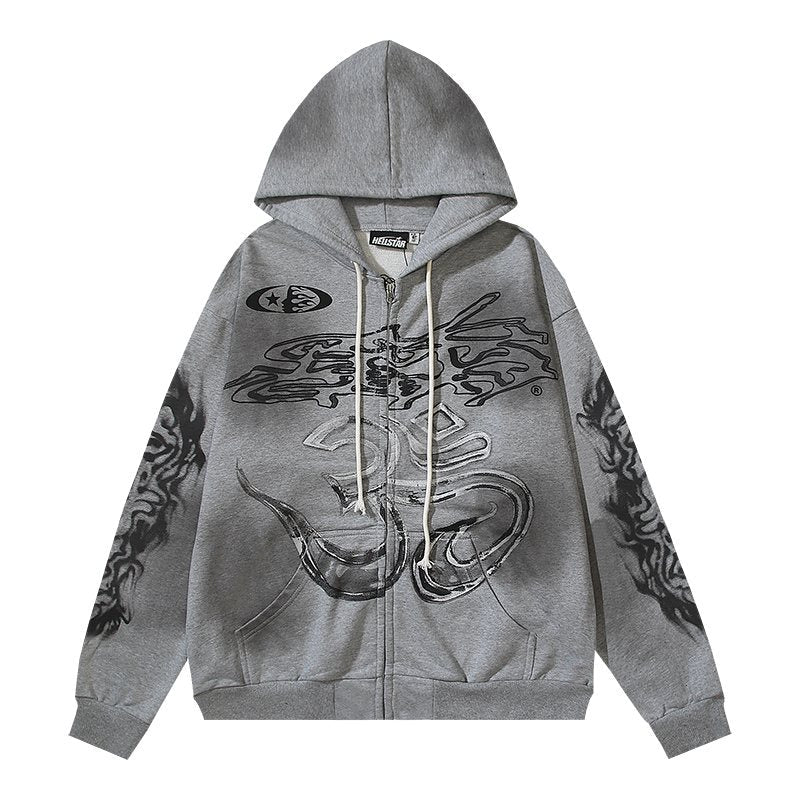 HS Washed Gray Zip-Up Graphic Hoodie ¡ª front