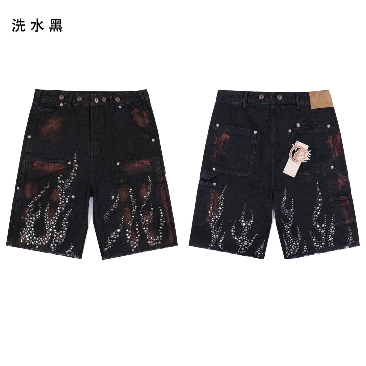 HS Flame Rhinestone Denim Shorts ¡ª front