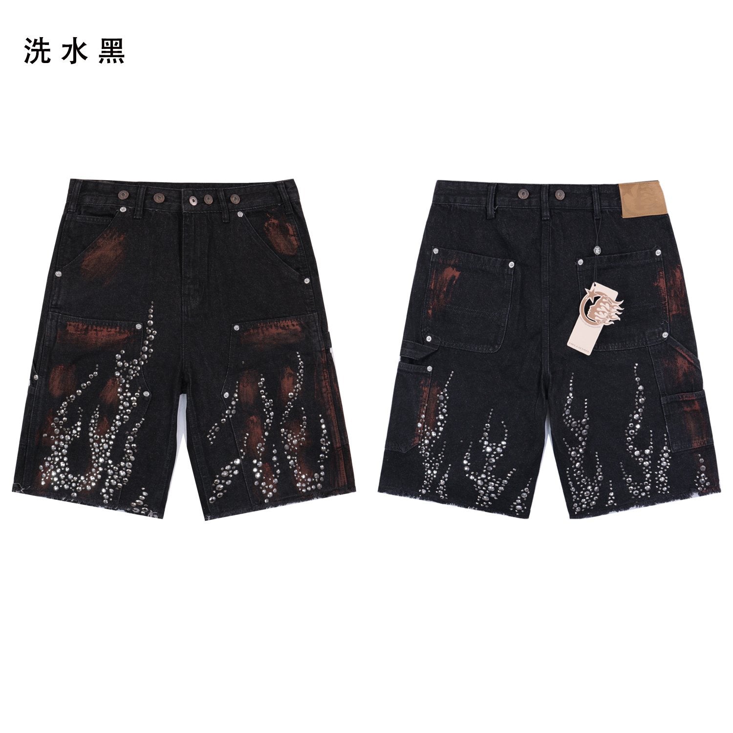 HS Flame Rhinestone Denim Shorts ¡ª front