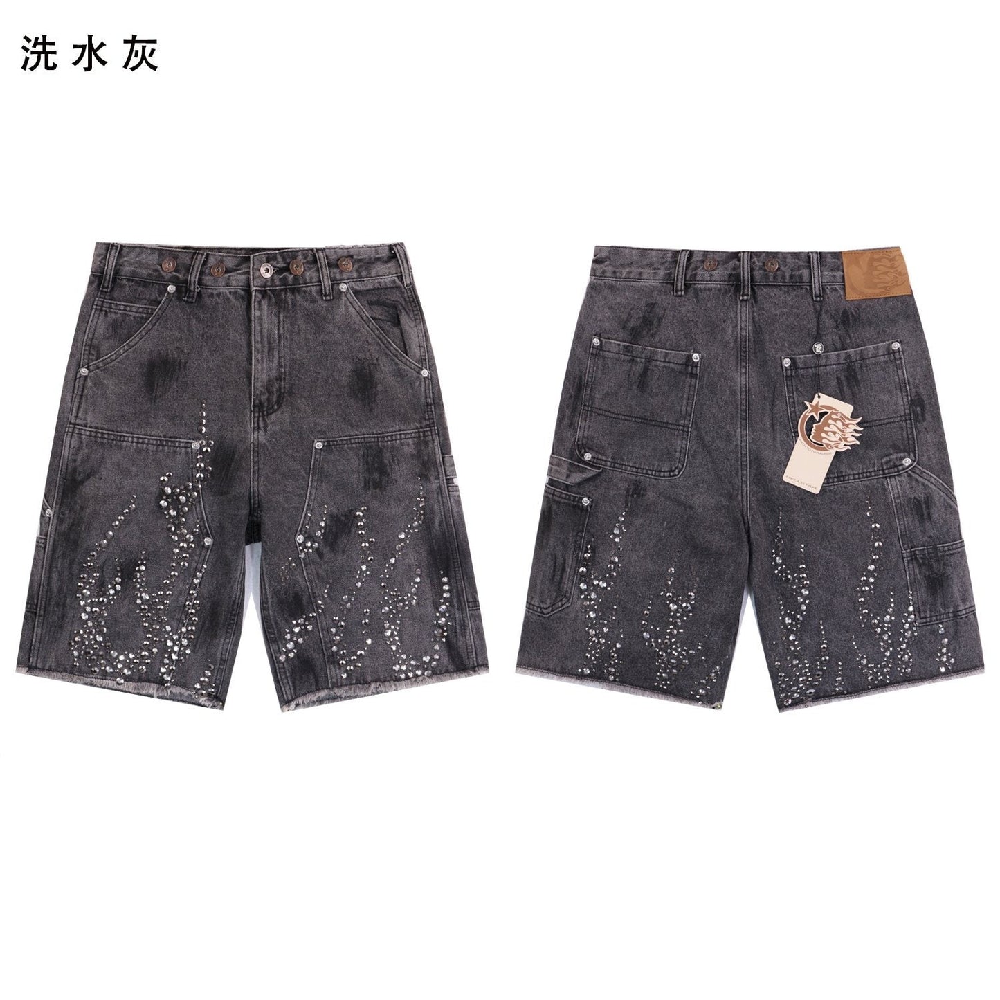 HS Flame Rhinestone Denim Shorts ¡ª front