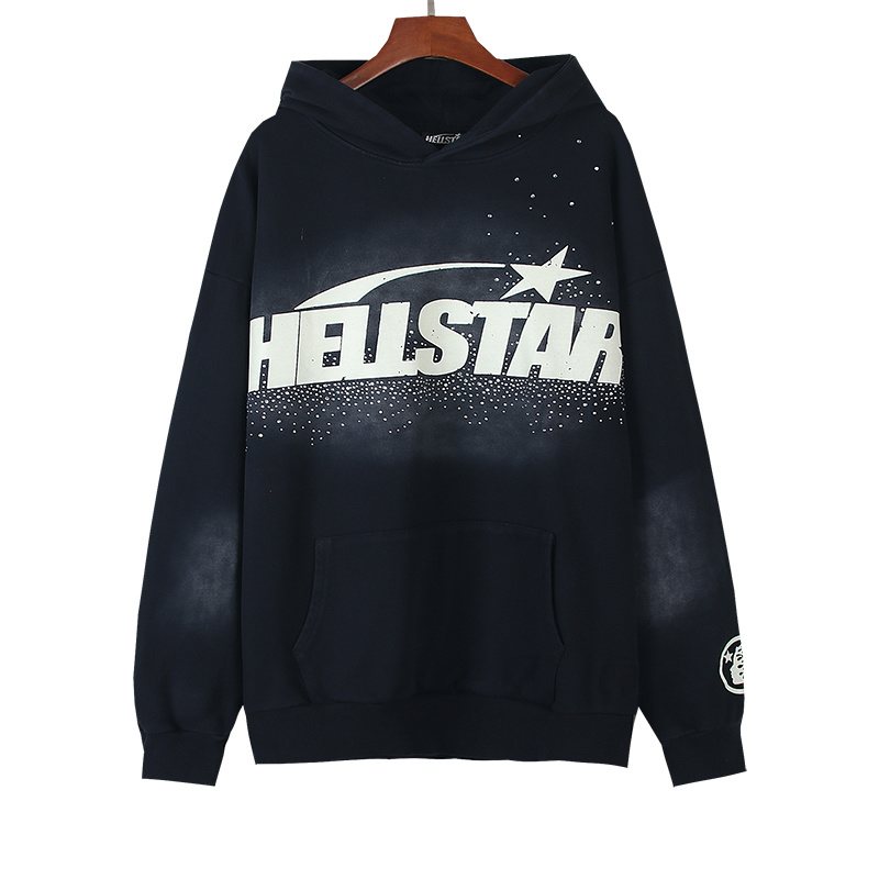 HS Washed Black Rhinestone Face Flame Graphic Hoodie ¡ª front