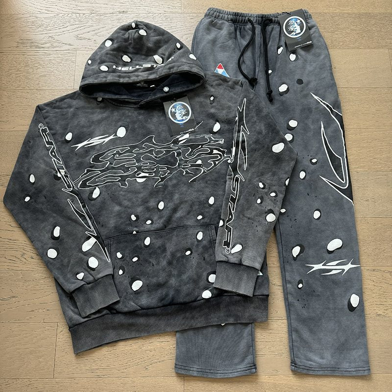 HS Gray Dot Graphic Hoodie and Pants Set ¡ª front