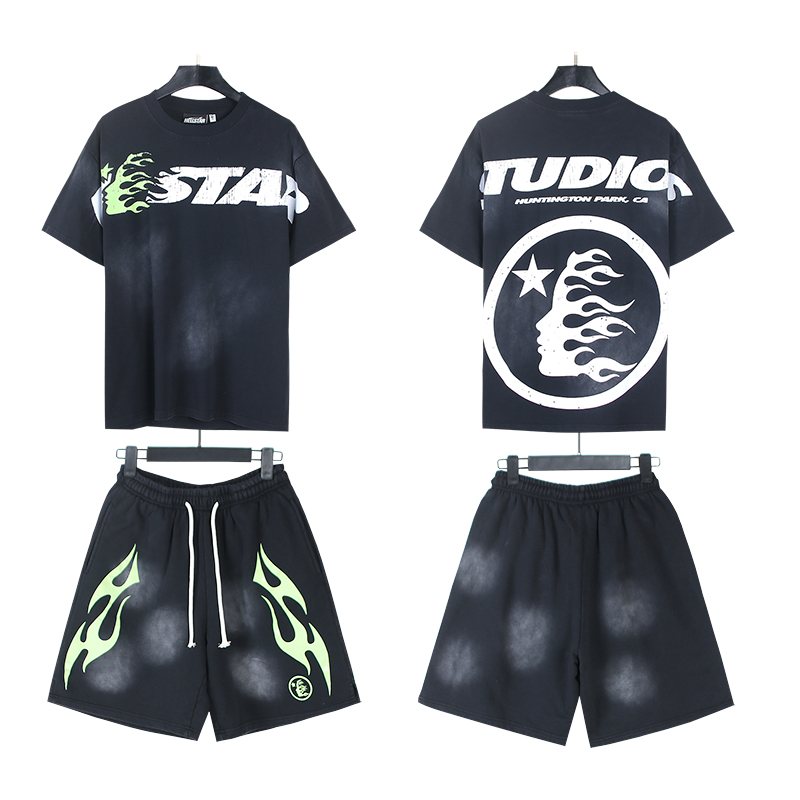 HS Green Flame Graphic T-Shirt and Shorts Set ¡ª front
