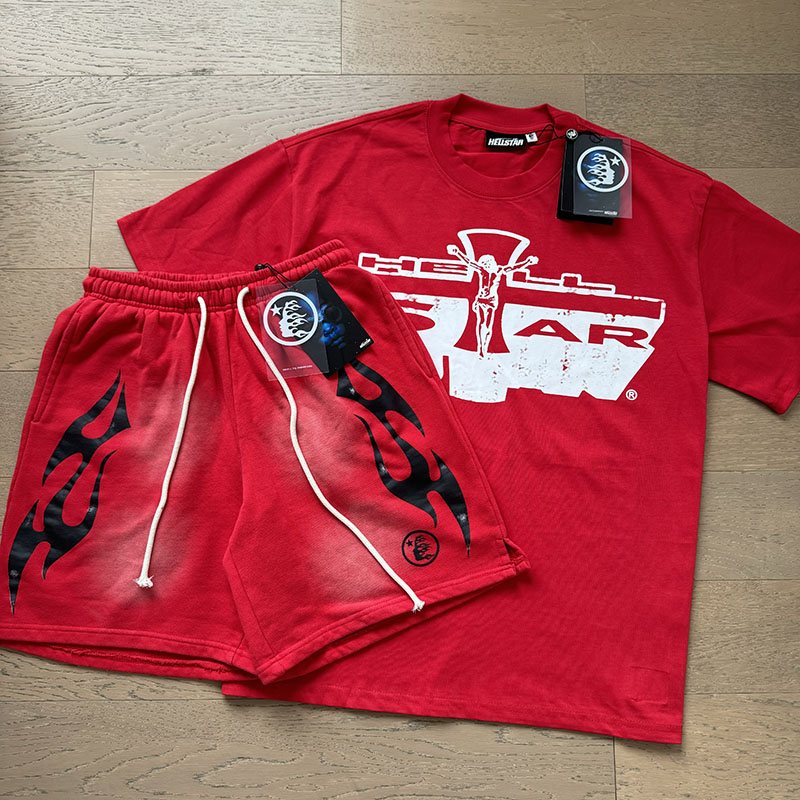 HS Airplane Graphic T-Shirt & Shorts Set - Red ¡ª front