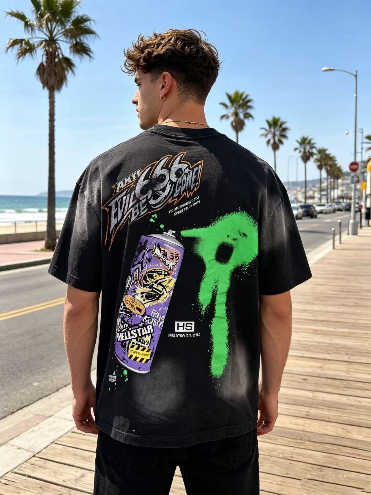 HS Washed Black Front & Back Graphic T-Shirt ¡ª model