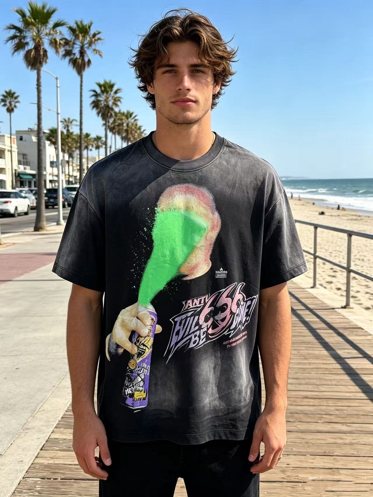 HS Washed Black Front & Back Graphic T-Shirt ¡ª model